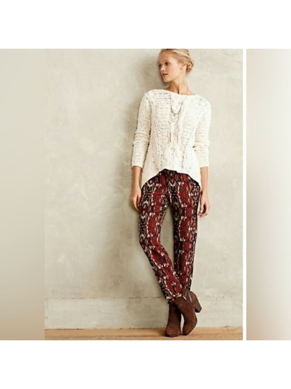 Anthropologie Cartonnier Printed Crepe Jogger Pants SZ XS Tan Red Navy